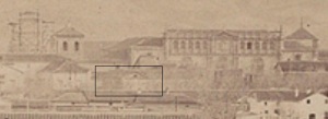Detalle de una vista de Alcalá de Jean Laurent (1862). El edificio señalado es el Colegio Menor de San Eugenio, según José Carlos Canalda.