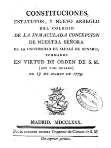 Portada de las constituciones del Colegio de la Inmaculada Concepción (1779)