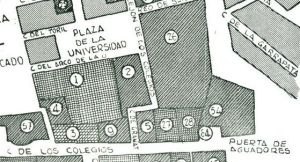 Detalle de un mapa de la Alcalá del siglo XVII realizado por Astrana Marín. El número 5 corresponde al Colegio Menor de Santa Balbina.