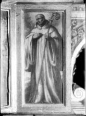 San Bernardo de Claraval, Angelo Nardi (ca 1620) Fotografía del Archivo Moreno, IPCE. El fundador del Císter aparece señalándose el corazón y con báculo abacial