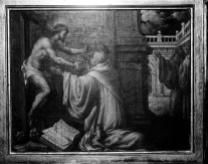 Abrazo de Cristo a San Bernardo, Angelo Nardi (ca 1620) Fotografía del Archivo Moreno, IPCE. Cristo abraza a Bernardo con un fantástico fondo arquitectónico