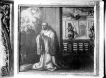 Visión que anuncia el fin del cisma de Anacleto II, Angelo Nardi (ca 1620) Fotografía del Archivo Moreno. Vemos al santo teniendo la visión mientras los ángeles construyen el monasterio