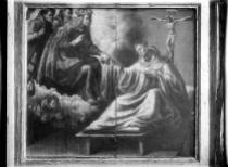 Curación milagrosa de San Bernardo, Angelo Nardi (ca 1620) Fotografía del Archivo Moreno, IPCE. La Virgen, acompañada de monjes benedictinos, permite la recuperación milagrosa del fundador del Císter.